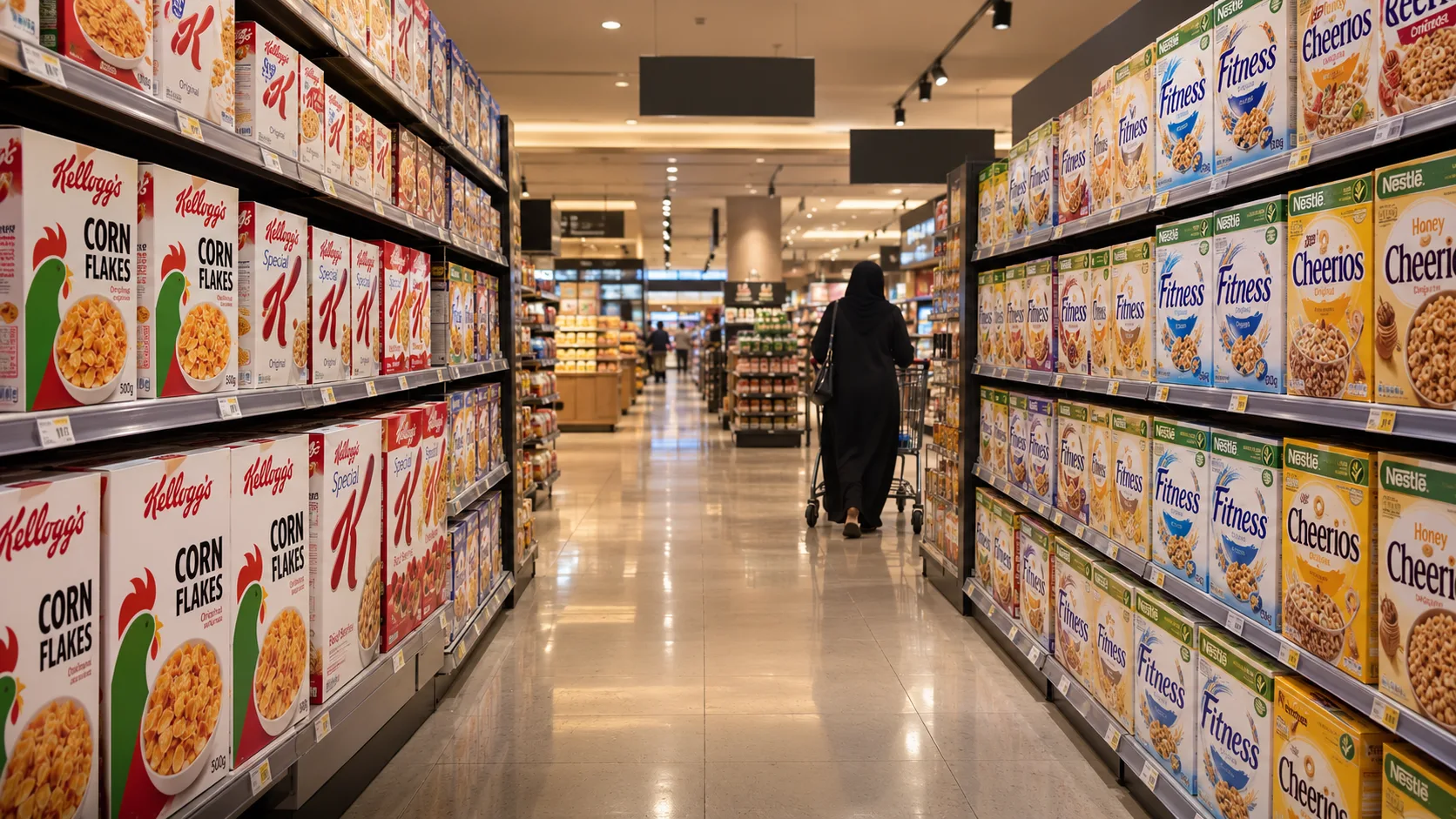 Illustrative cereal aisle with products grouped by brand and pack size