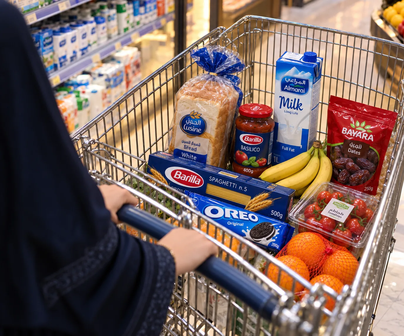 Illustrative shopper with a cart of everyday branded groceries