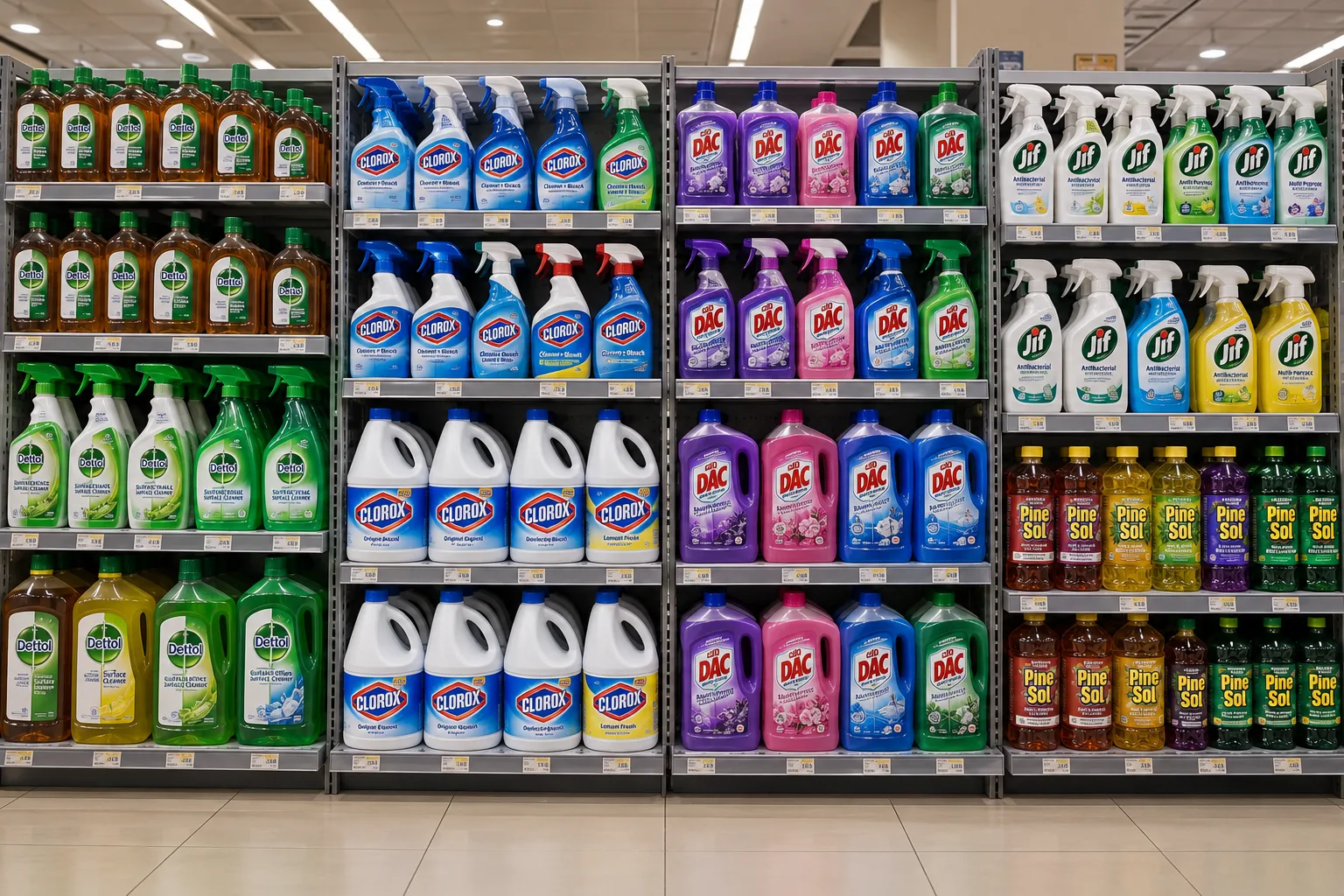 Illustrative wide household-cleaning aisle with Dettol, Clorox, DAC, Jif and Pine-Sol brand blocks