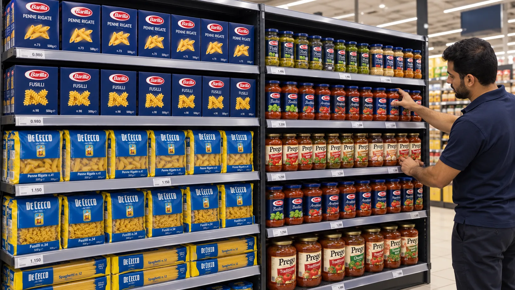 Illustrative merchandiser arranging pasta sauces beside grouped dry pasta